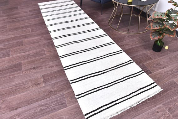 3x12 Vintage Hemp Runner Rug, Handmade Hemp Runner, 3x12, Hallway Rug, 3x12 Farmhouse Rug, Kithcen Rug, White Black Color, Striped Design