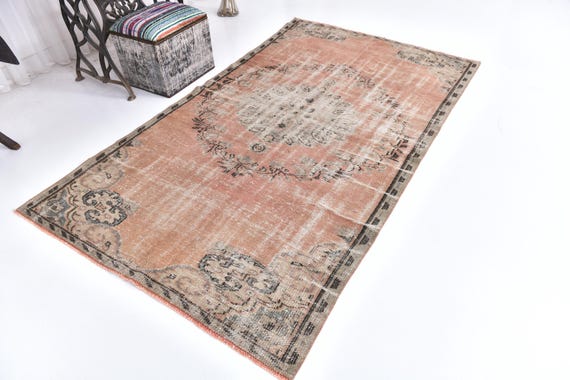 5x8 Vintage Turkish Wool Rug, Faded Terracotta Floral Design, 5x8 Handmade Wool Rug, Medallion Area Rug, 5x8 Farmhouse Rug