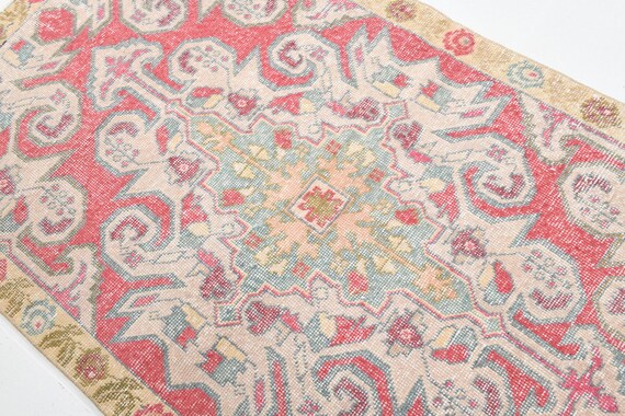4x7 Vintage Turkish Colorful Rug, 4x7 Handmade Area Rug, Living Room Rug, Red Blue Color Rug, Authentic Rug, Floral Rug 4x7,