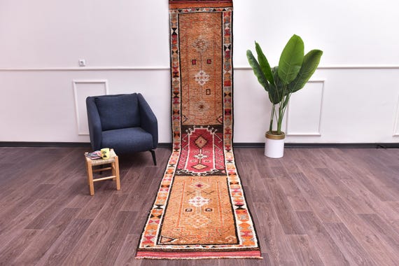 3x13 Vintage Wool Runner Rug, Copper Black Color, Hallway Kithcen Rug, Handmade Soft Wool-Turkish
