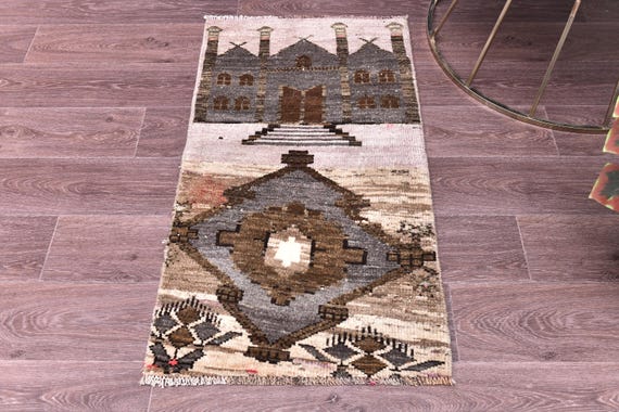 2x3 Vintage Prayer Rug, Handmade Wool, Tribal Weave, Accent Rug, Taupe Brown Color