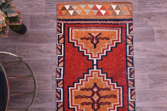 2x11 Vintage Wool Runner Rug, 2x11 Red Orange Color, Handmade Wool Rug, 2x11 Turkish Runner Rug, Vintage Tapestry Wool Rug 2x11 Runner