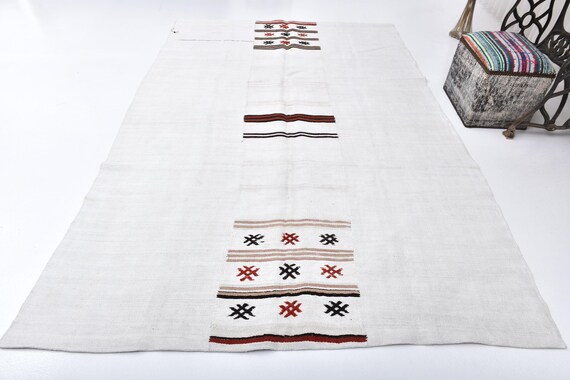 6x9 Vintage Traditional Hemp Kilim Rug, 6x9 Hemp Jute Kilim Rug, White Red Color, Naturel Hemp Kilim Rug, Striped Rug, 6x9 Kilim Rug,