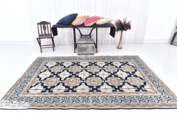 Antique Vintage Turkish Rug, 6x9 Blue & Gold Area Rug, 6x9 Marble Looking Area Rug, 6x9 Soft Wool Handmade Area Rug, 6x9 Geometric Designed