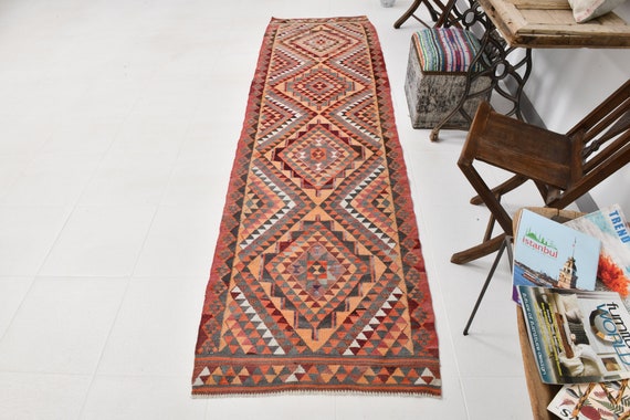 3x10 Herki Kilim Runner Rug, 3x10, Kilim Runner, Shades Of Burgundy & Orange Kilim, 3x10 Rugs, Wool Handmade Kilim, 3x10 Runner Rug, Antique