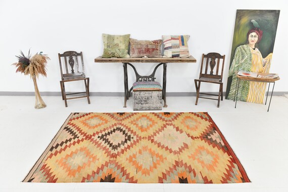 5x7 Rugs, 5x7 Turkish Vintage Striped Kilim Rug, 5x7, Kilim Rug 5x7, Wool Handmade Turkey Rug, 5x7 Area Rug, Shades Of Brunt Orange, 60s Rug