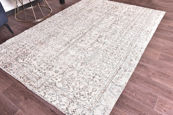 6x8 Vintage Floral Rug, 5x8 Faded Area Rug, Gray Black Color, 6x8 Handmade Wool Rug, Living Room Bedroom Rug, 6x8 Turkish Area Rug