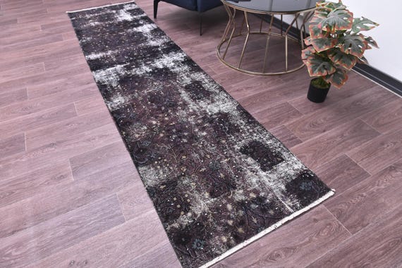 2x10 Vintage Overdyed Runner Rug, Handmade Wool Rug, 2x10 Purple Black Color, 2x10 Floral Hallway Rug, 2x10 Kithcen Runner Rug
