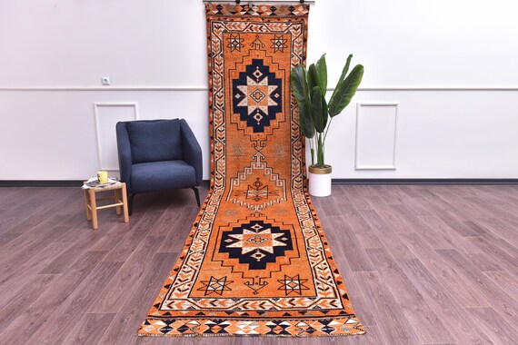 3x14 Vintage Runner Rug, 3x14 Vintage Runner, 3x14 Geometric Medallion Design, 3x14 Wool Handwoven Rug, Kilim Runner 3x14 Orange Navy Color