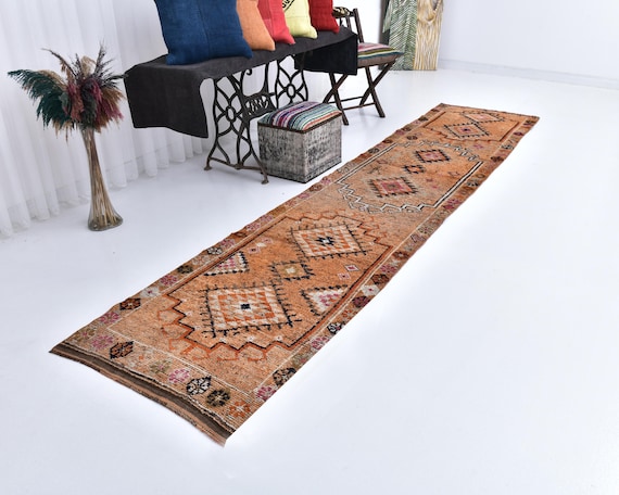 3x13 Navy Blue Orange Vintage Runner Rug, 3x13 Vintage Runner, 3x13 Rug, Wool Handmade Herki, 3x13 Runner Rug, 3x13 Turkish Runner, Hallway