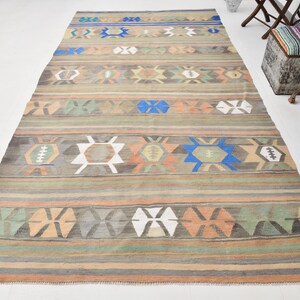 6x12 Area Rug, 6x12 BOHEMAIN ECLECTIC KILIM Rug, 6x12, Blue & Brown Kilim Rug, Wool Handmade Oushak, Kilim Rug 6x12, Rug For Living Room 62s