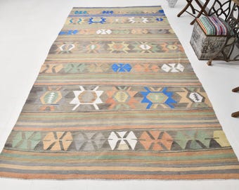 6x12 Area Rug, 6x12 BOHEMAIN ECLECTIC KILIM Rug, 6x12, Blue & Brown Kilim Rug, Wool Handmade Oushak, Kilim Rug 6x12, Rug For Living Room 62s
