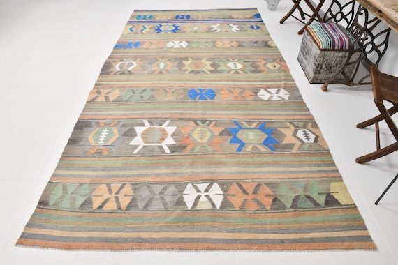 6x12 Area Rug, 6x12 BOHEMAIN ECLECTIC KILIM Rug, 6x12, Blue & Brown Kilim Rug, Wool Handmade Oushak, Kilim Rug 6x12, Rug For Living Room 62s