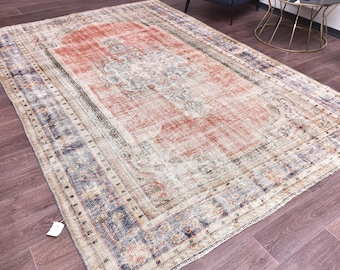 7x10 Vintage Faded Turkish Rug, Terracotta Blue Color, Living Room Bedroom, Faded Distressed, Handmade Large Rug