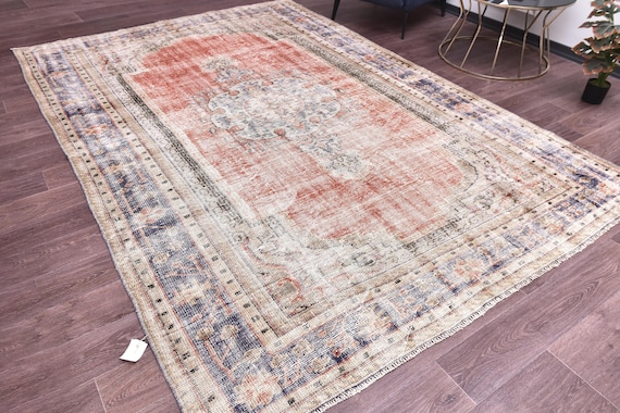 7x10 Vintage Faded Turkish Rug, Terracotta Blue Color, Living Room Bedroom, Faded Distressed, Handmade Large Rug