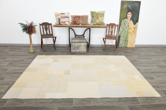 6x8 Beige & Cream Kilim Patchwork Rug, 6x8 Kilim Patchwork Rug, 6x8, Oushak Handmade Rug, 6x8 Rugs, Chess Bohemian Style, Rug For Entrway