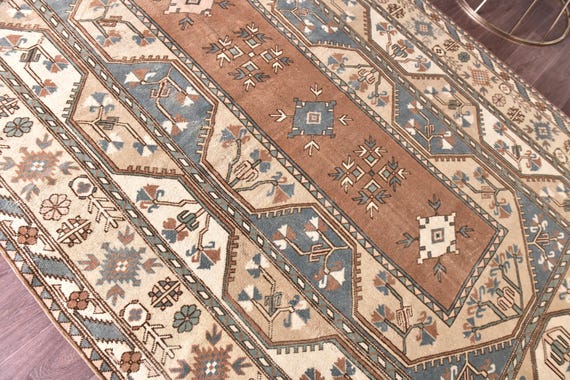 6x10 Vintage Turkish Area Rug, Caramel Blue Beige Color, 6x10 Handmade Wool Rug, 6x10 Soft Area Rug, 6x10 Living Room Rug, 6x10 Area Rugs