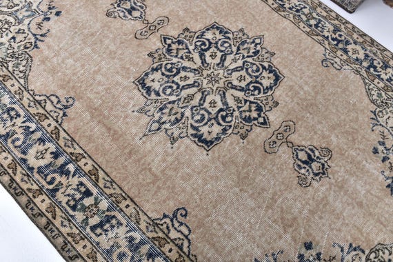 5x8 Vintage Brown Blue Area Rug, 5x8 Traditional Medallion Design, 5x8 Distressed Persian Rug, Neutral Living Room Decor, 5x8 Wool Rug, Gift