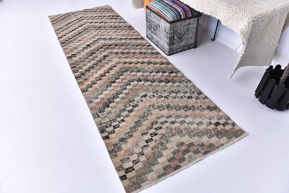 3x9 Vintage Checkered Runner Rug, 3x9 Faded Hallway Rug, 3x9 Handmade Runner Rug, Colorful Color, Farmhouse Rug, 3x9 Hallway Runner
