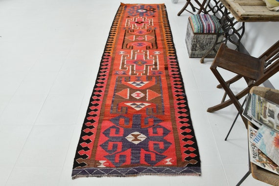 3x11 Runner Rug, 3x11 Kilim Runner, Herki Style Blue & Orange Luxury Long Runner Rug, Vintage Kilim Runner Long Kitchen Entrway Carpets