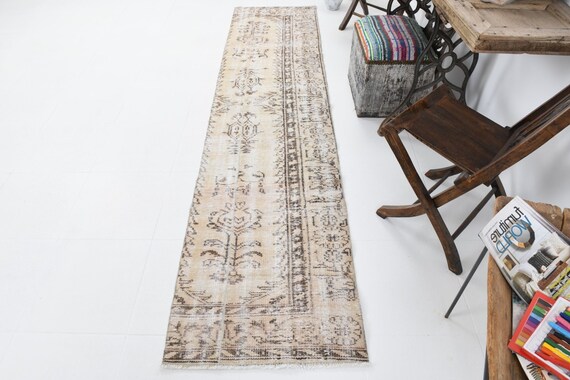 2x9 muted beige Vintage Runner rug, 2x9 TURKISH VINTAGE RUNNER Rug, 2x9 Runner Brown Beige Vintage Runner rug , muted Hallway Runner rugs