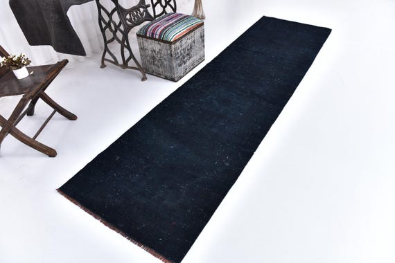 3x10 Vintage Navy Blue Runner Rug, Handmade Wool Rug, 3x10 Dark Tones Runner Rug, 3x10 Hallway Rug, Rugged Rug, Handmade Home Decor 3x10 Rug