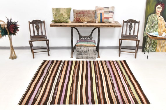 4x6 Pink & Brown Striped Kilim Rug, 4x6 Kilim Rug 4x6 Rug Rugged Handmade Kilim Bohemian Eclectic Style Rug For Bedroom Office Gift Rugs