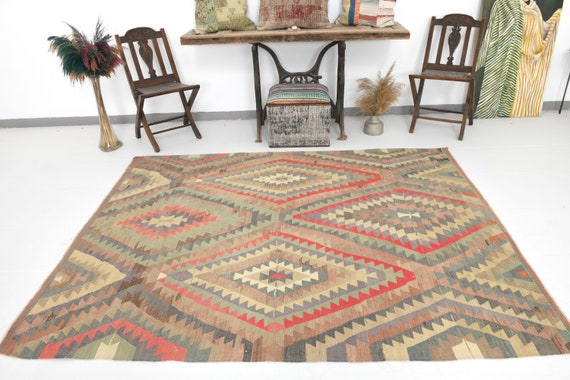 6x7 Area Rug, 6x7 Geometric Vintage Kilim Rug, 6x7 Kilim Rug, Wool Handwoven Kilim, 6x7 Rug, Green & Brown Kilim Rug, Rug For Bedroom 60s