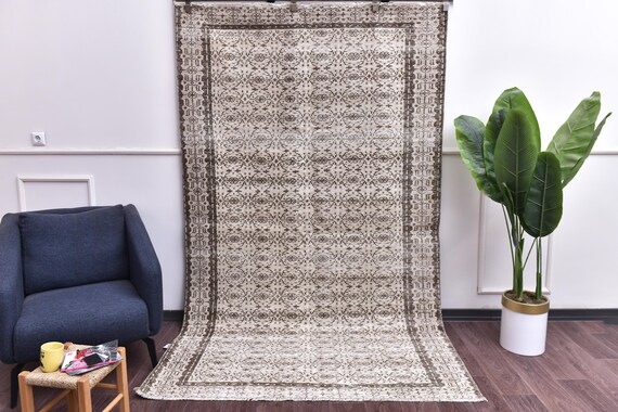5x9 Vintage Faded Cream Rug, Floral Medallion Design, Handmade, Living Room Rug, Cream Brown Red Color