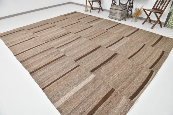 10x13 Area Kilim Rug, Brown Tones Kilim Rug, 10x13 Oversized Kilim Rug, Large Area Rug, Handmade Wool Jute Rug, Rugged Rug, Naturel Rug