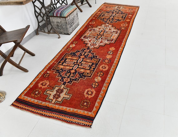 3x11 Rugs, 3x11 Oriental Turkish Vintage Runner Rug, 3x11 Vintage Runner, 3x11, Wool Handmade Hallway, 3x11 Runners, Navy Blue & Red Rugs