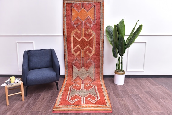 3x11 Vintage Tribal Hallway Rug, Red Orange Color, Handmade Wool Rug, 3x11 Hallway Kithcen Rug, Soft Wool Rug, 3x11 Traditional Rug