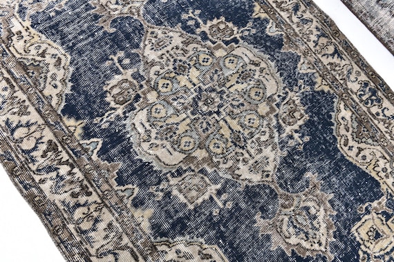 4x7 Antique Turkish Rug, Handmade Luxury Rug, 4x7 Area Rug, Navy Blue, Gold Colored Rug, 4x7 Wool Rug, Victorian Style Rug