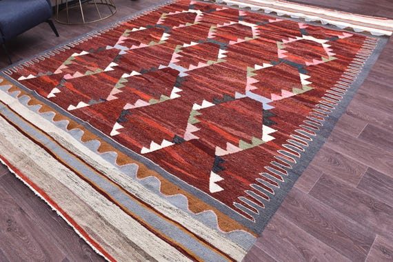 8x11 Vintage Turkish Kilim Rug, Handmade Wool Jute Kilim Rug, Red Rainbow Color, 8x11 Traditional Kilim Rug, 8x11 Living Room Rug, Area Rugs