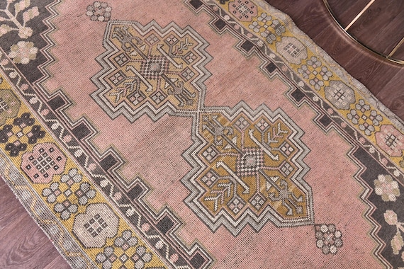 4x7 Vintage Turkish Accent Rug, Salmon, Olive Green Color, 4x7 Medallion Style, Handmade Wool Rug, 4x7 Oushak Rug, Oriental Rug 4x7 Area Rug