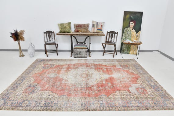 8x10 Soft Red Turkish Vintage Rug, 8x10 Oversize Vintage Rug, Large Area Rug, 8x10, Wool Handmade Turkey, 8x10 Vintage Rug, Red Vintage Rug