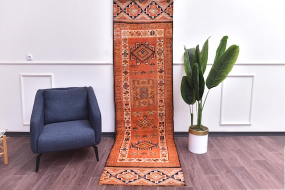 3x10 Vintage Tribal Runner Rug, Peach Blue Cream Color, Handmade Soft Wool Rug, Hallway Runner Rug