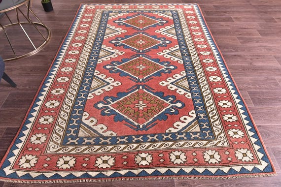 5x8 Vintage Turkish Rug, 5x8 Red Blue White Color Rug, Handmade Wool Rug, Living Room Bedroom Rug, 5x8 Area Rug, Oriental Rug, 5x8 Gift Rug
