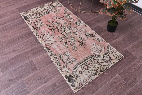 2x5 Floral Runner Rug, Pink, Beige Color Rug, 2x5 Runner Rug, Hallway Rug 2x5, Vintage Rug 2x5, Handmade Wool Rug, Pastel Color Rug