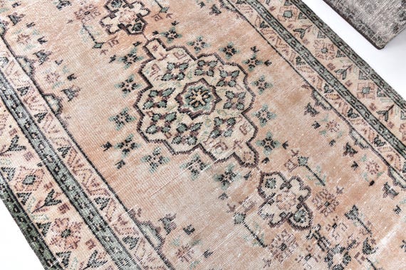 5x9 Vintage Turkish Rug, Handmade Wool Rug, Traditional Pattern, 5x9 Peach Cream Color, 5x9 Farmhouse Rug, 5x9 Living Room Bedroom Rug