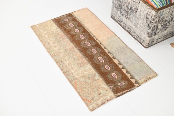 2x3 Brown Beige Vintage Doormat, 2x3 Vintage Doormat Rug, 2x3 Doormat Rug, Handmade Wool Bath Mat Rug, 2x3 Rugs, Brown Beige Carpet, Accent