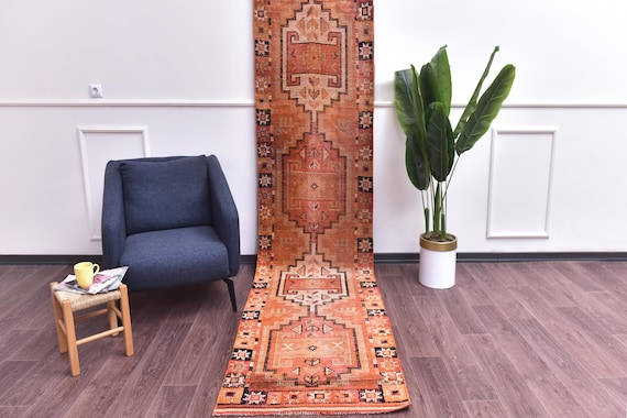 3x11 Vintage Faded Runner Rug, Handmade Soft Wool, Traditional Design, Farmhouse Decor, Hallway Rug