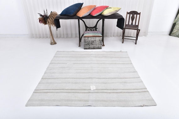 6x6 White Beige Bohemian Hemp Rug, 6x6 Hemp Rug, 6x6 Rug, Neutral Handmade Hemp Rug, 6x6 Area Rug, 6x6 Vintage Rug, Rug For Bohemian Room