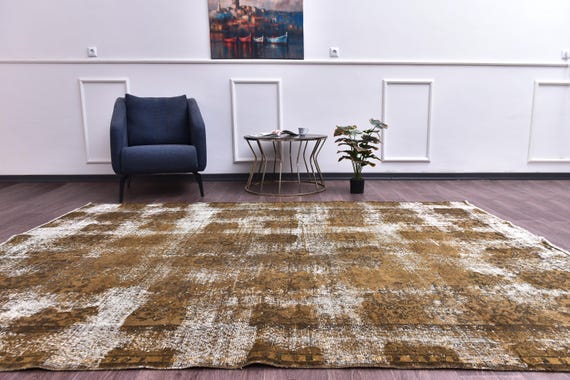 6x9 Vintage Check Overdyed Rug, Mustard Color, 6x9 Area Rug, Farmhouse Decor, Floral Rug, 6x9 Rug, Living Room Bedroom Rug, Faded Rug 6x9