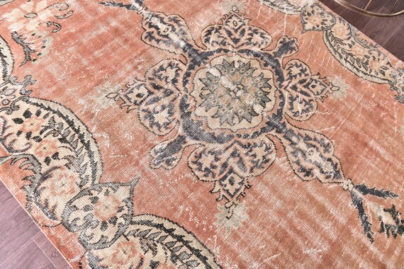 6x10 Vintage Medallion Rug, Orange, Black, Green Rug, 6x10 Traditional Area Rug, Faded Rug, Living Room Bedroom Rug, 6x10 Handwoven Rug