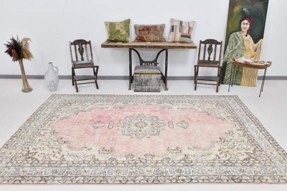 7x10 Turkish Vintage Area Rug 7x10 Oversize Pink Rug 7x10 Handmade Rustic Rug 1961s Rug Oversize Rug 7x10 Dorm Office Kitchen