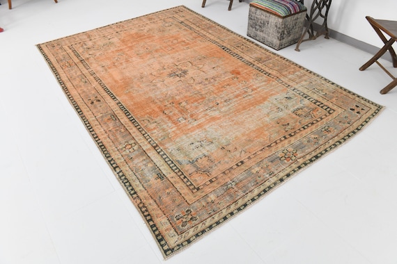 6x9 Area Rug, 6x9 Orange Vintage, 6x9 FADED TURKISH VINTAGE Rug, 6x9, Wool Hanmdade Oushak, 6x9 Rug, Orange & Brown Vintage, Antique  55s