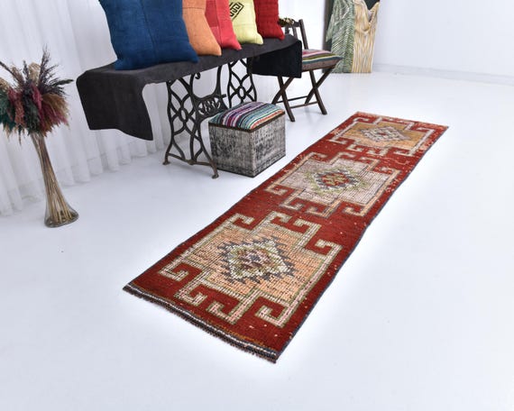 3x10 Vintage Runner Rug, 3x10 Red Green Vintage Runner, 3x10 Rug, Wool Handmade Herki, 3x10 Runner Rug, Turkish Runner 3x10, Rug For Kitchen