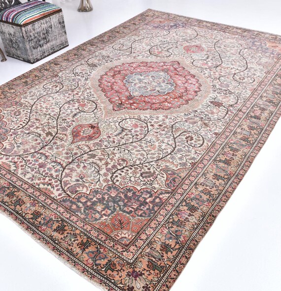 7x10 Vintage Rare Turkish Rug, 7x10 Ornate Area Rug, 7x10 Oversize Vintage Rug, 7x10 Large Area Rug, Medallion Design, Special Wool Rug