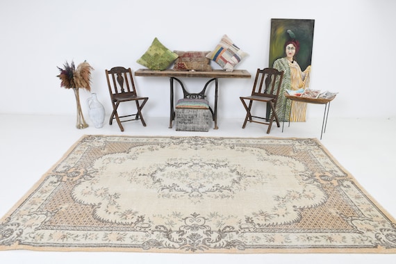7x10 Turkish Vintage OUSHAK Handmade Wool Rug, 7x10 Oversize Beige Rug, Large Area Rug, 7x10 Area Rug, Antique Persian Rug, Vintage Rug 7x10